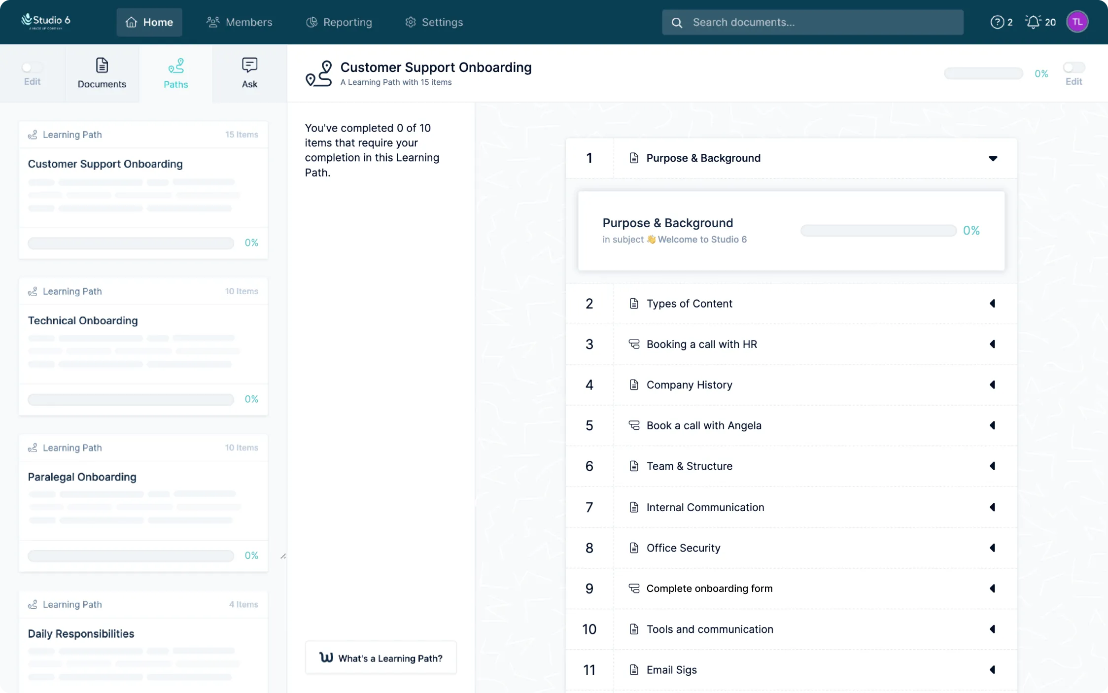 A Learning Path in Waybook listing onboarding documents and tasks in order with completion progress
